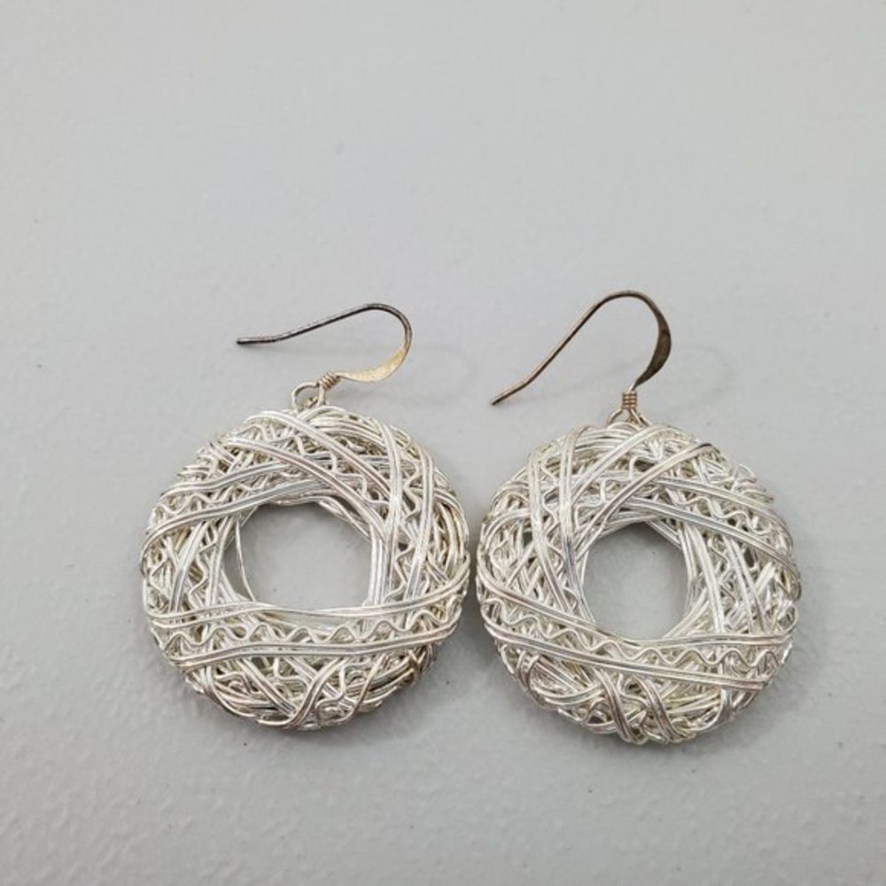 Wire Wrap Earrings Silver Tone Bright Ring‎ Stateme